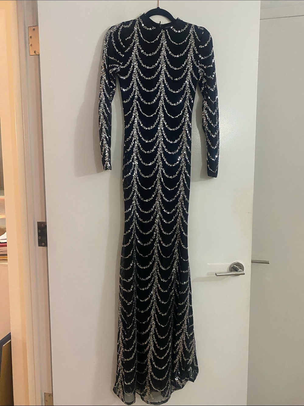 Fashion Nova Black Long-Sleeve Sequin Wave Gown